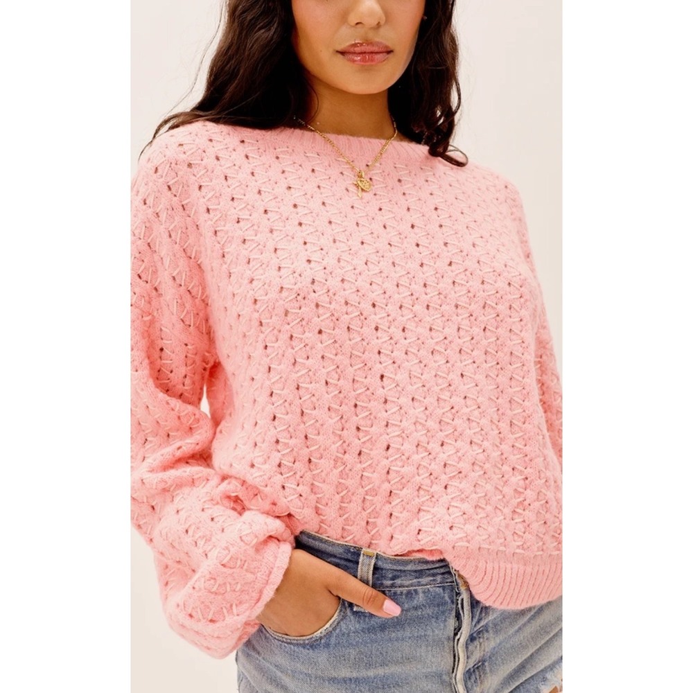 For Love & Lemons Dawn Hi Low Pullover Pink Open Back Puff Sleeve Knit Sweater S